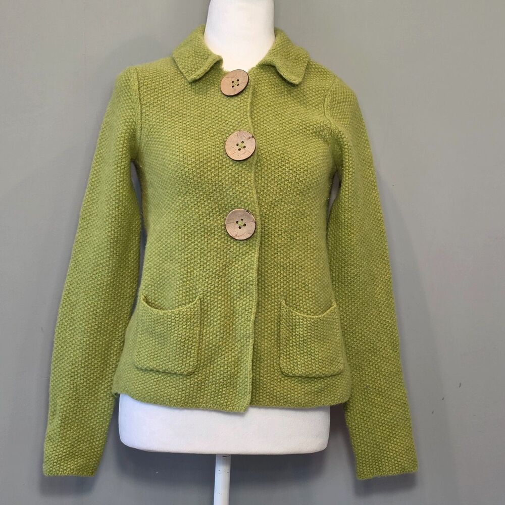 Boden 100% Wool Cardigan Chartreuse Small Chunky Textured Knit Cozy Preppy
